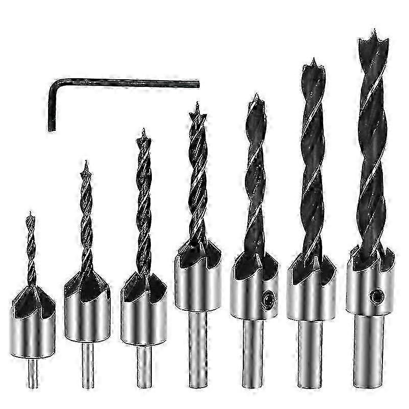 7-Piece Adjustable Tapered Flute Countersink Drill Bit Set with Wrench - Woodworking Chamfer End Milling & Round Shank Reamer Tools