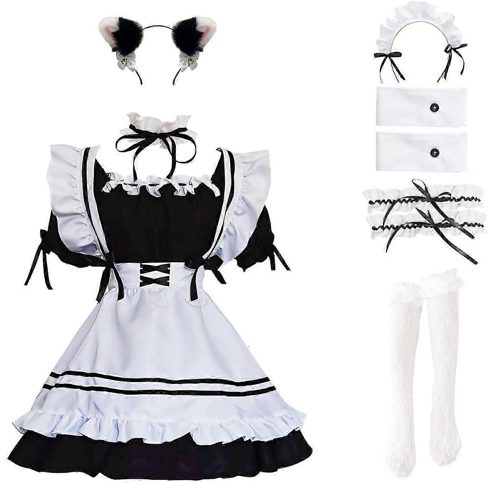 メイド服アニメコスプレロリータメイドドレスフレンチメイドコスチュームぬいぐるみ猫耳ソックスセット