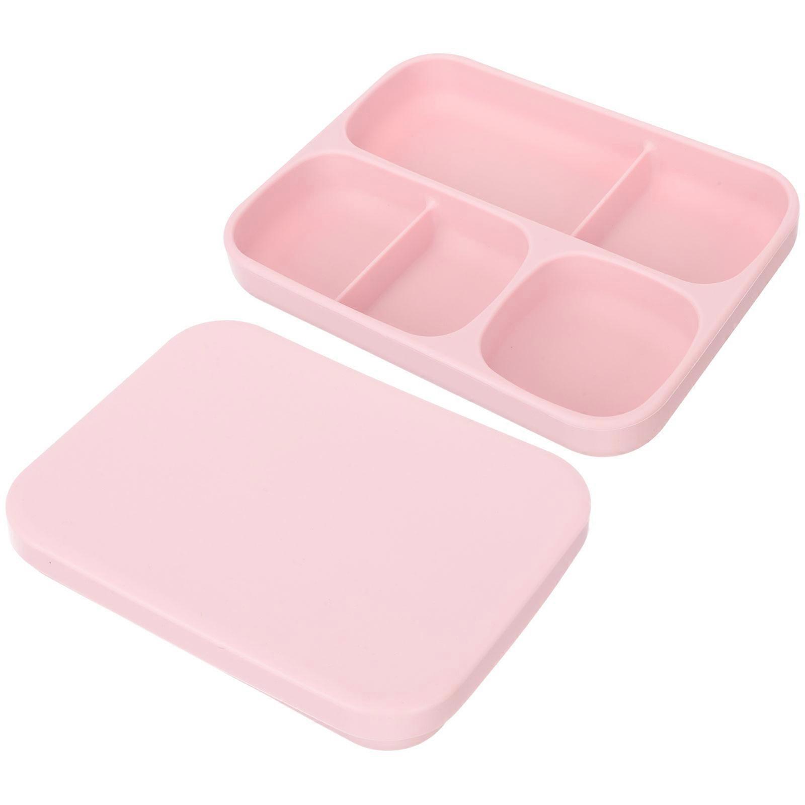 Suction Silicone Food Plate with Lid Divided Snack & Fruit Serving Tray for Independent Feeding, Outdoor Use, Pink