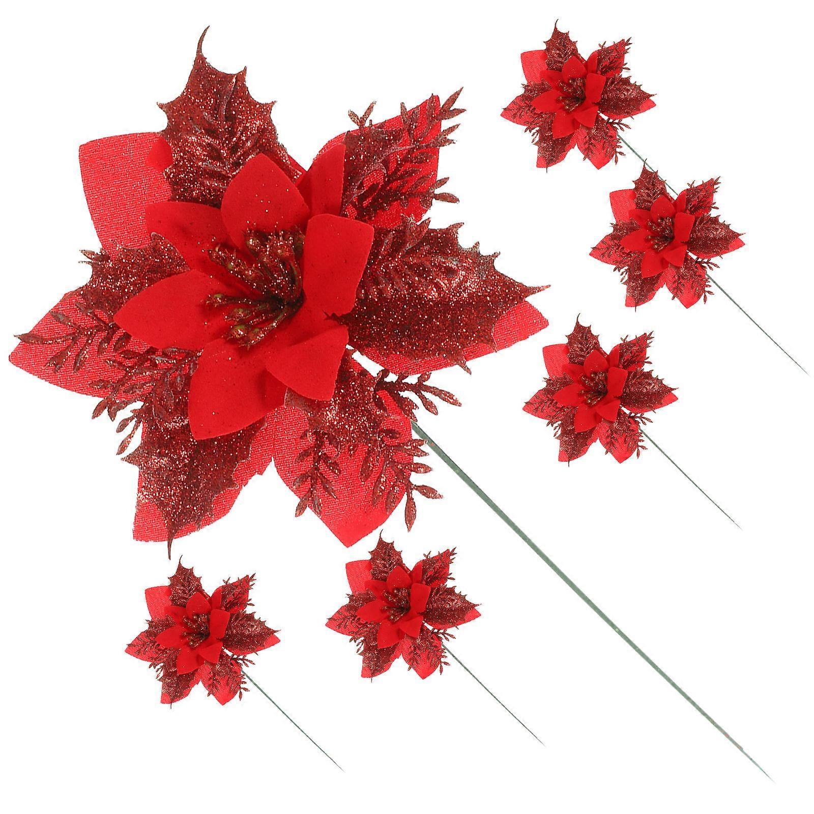 Glittery Poinsettia Flower Picks For Christmas Tree Decorations Designed For Families And Decorators In Fade-Resistant Material 6 Sets