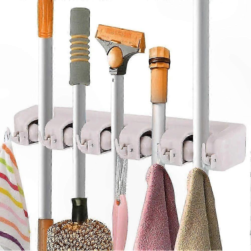 Wall-Mounted Broom Organizer with Hooks for Cleaning Tools Storage Solution