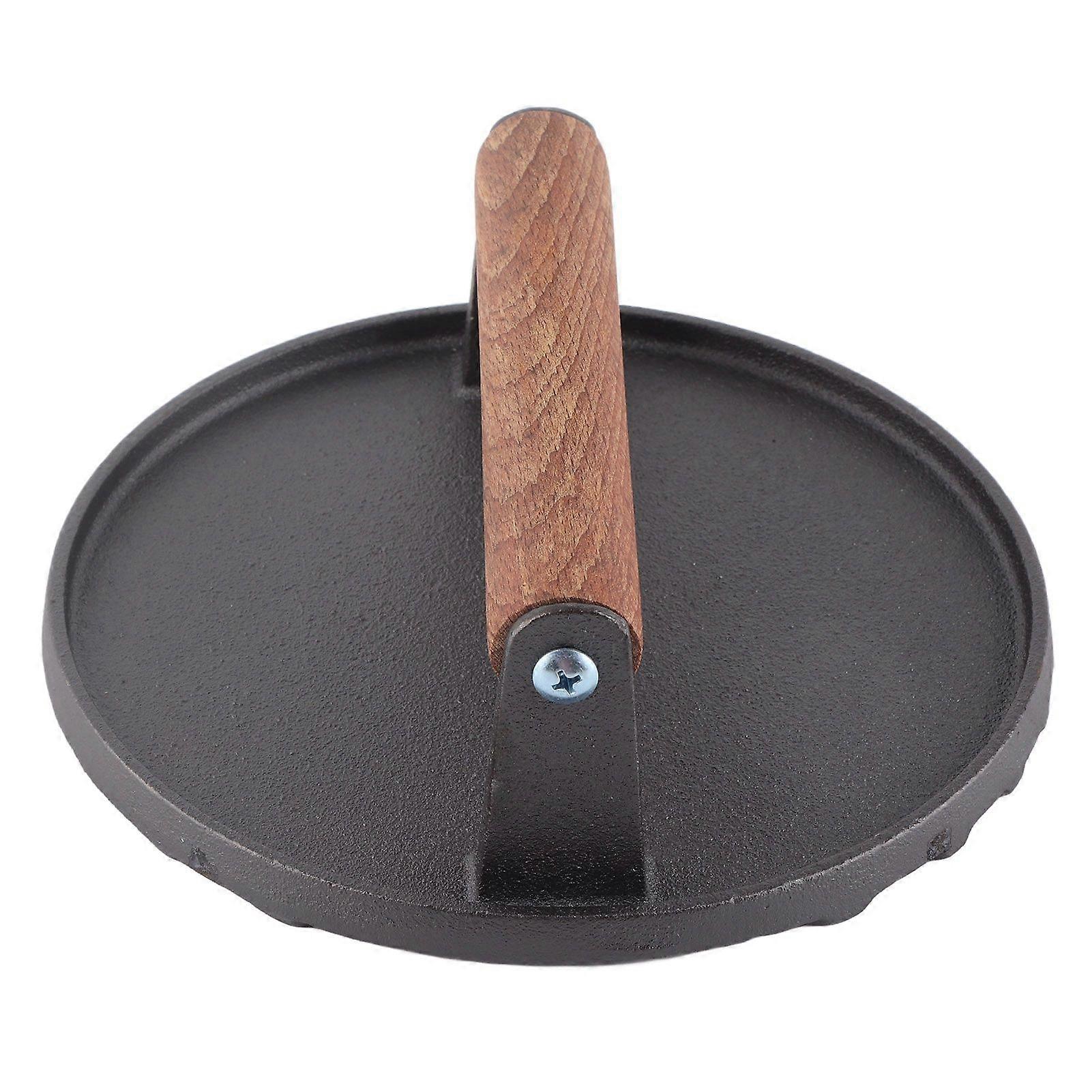 جولة أداة شواء الحديد الزهر مقبض خشبي ستيك الصحافة شواية أداة ضغط اللحوم المقلية المشوية