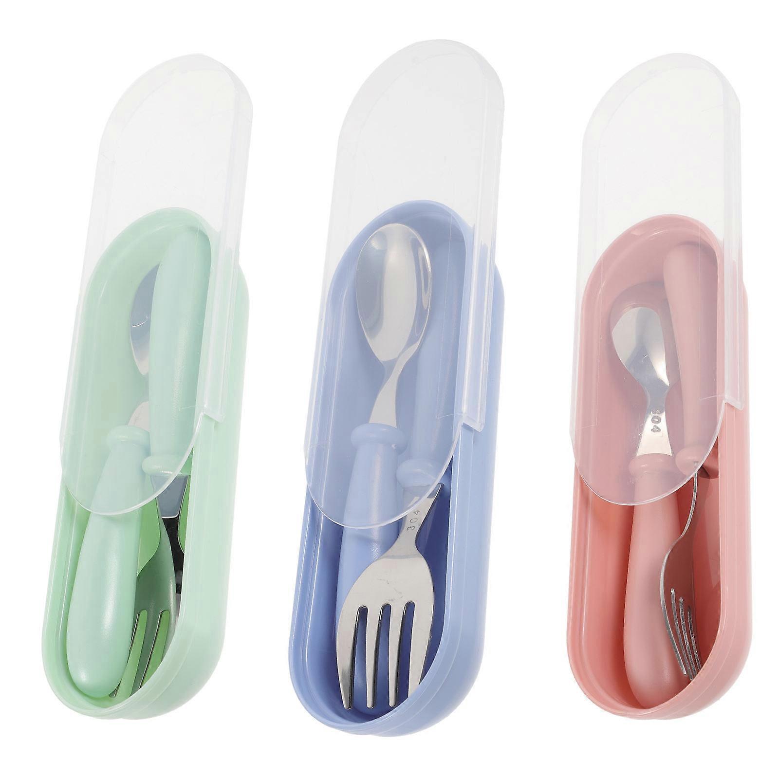 Toddler Spoon and Fork Set Made of Stainless Steel and ABS Perfect for Kitchen Use Assorted Color 3Piece Set