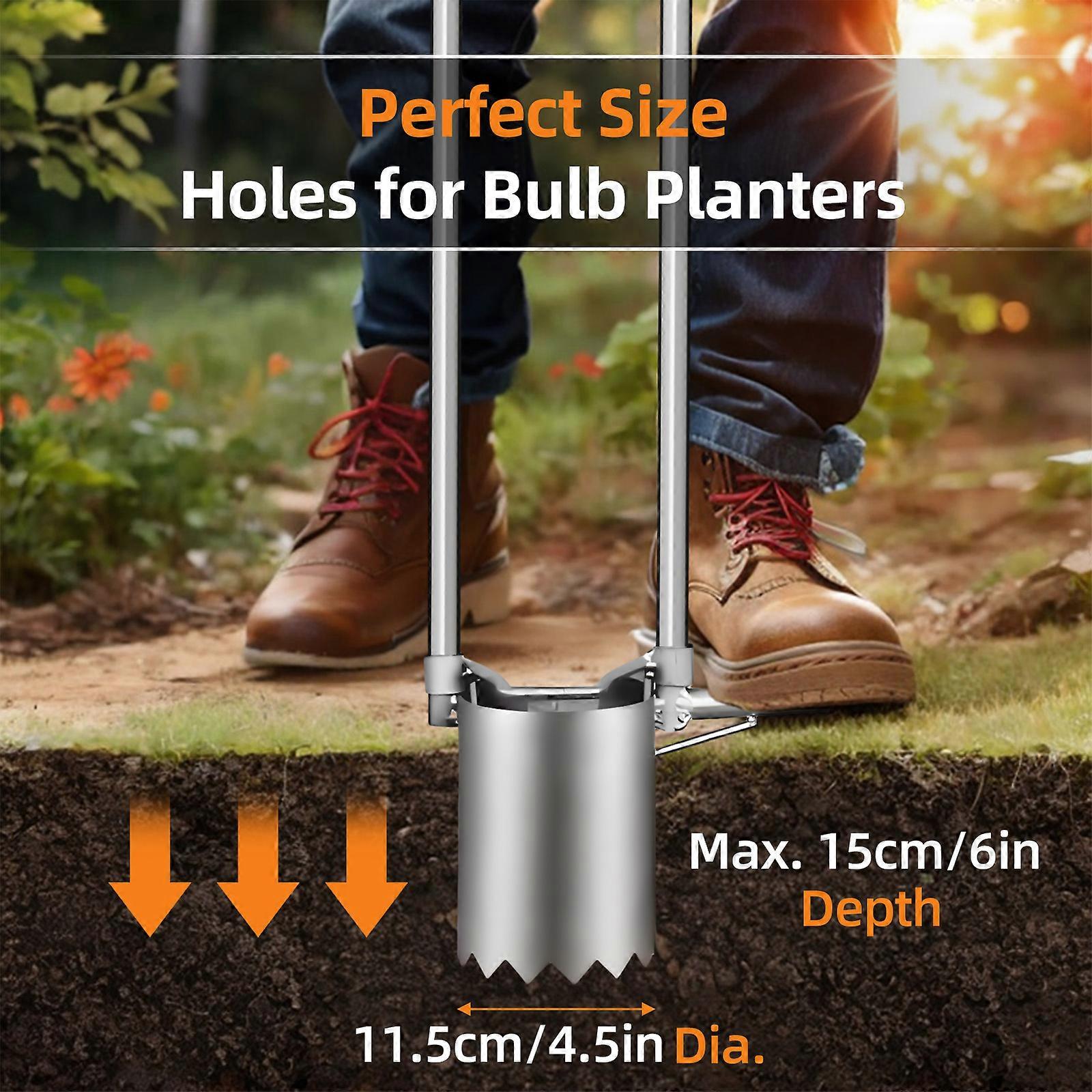 Long Handle Bulb Planter 82cm Steel Tool with Serrated Base Silver