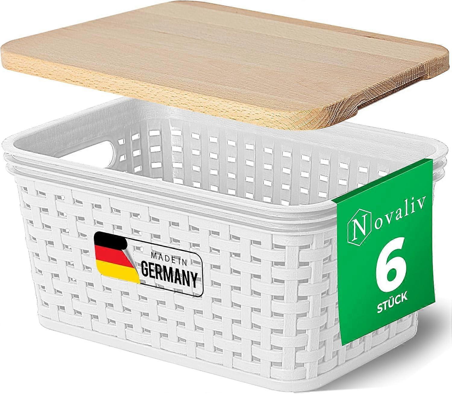Novaliv 6er Set Aufbewahrungsboxen mit Holzdeckel Mini 2L Korb Weiß in Rattan Design Lebensmittelech