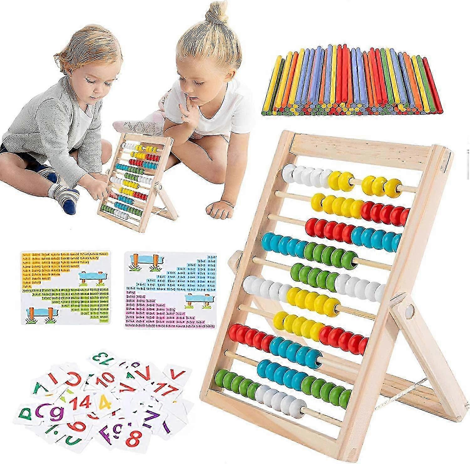 2025 Abacus Toy, Wooden Bead Counting Toy, Abacus with Multi Color Beads, Counting Sticks, Number Alphabet Cards for Toddlers