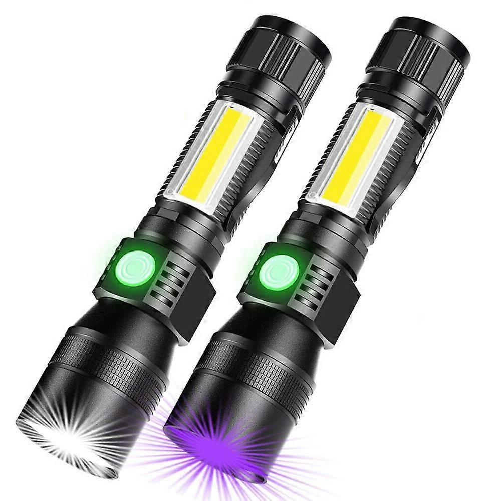 USB Rechargeable Torches 3In1 LED White Red UV Light, 7Mode Zoomable Tactical Black Light, Camping Torch, 2 Pack