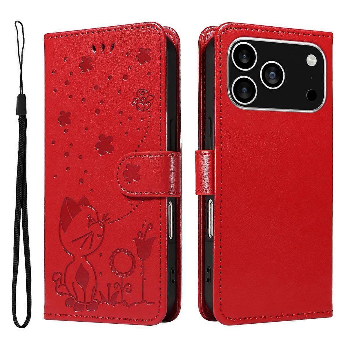 For iPhone 17 Pro Leather Wallet Case Cat Bee Pattern Phone Cover Stand - Red