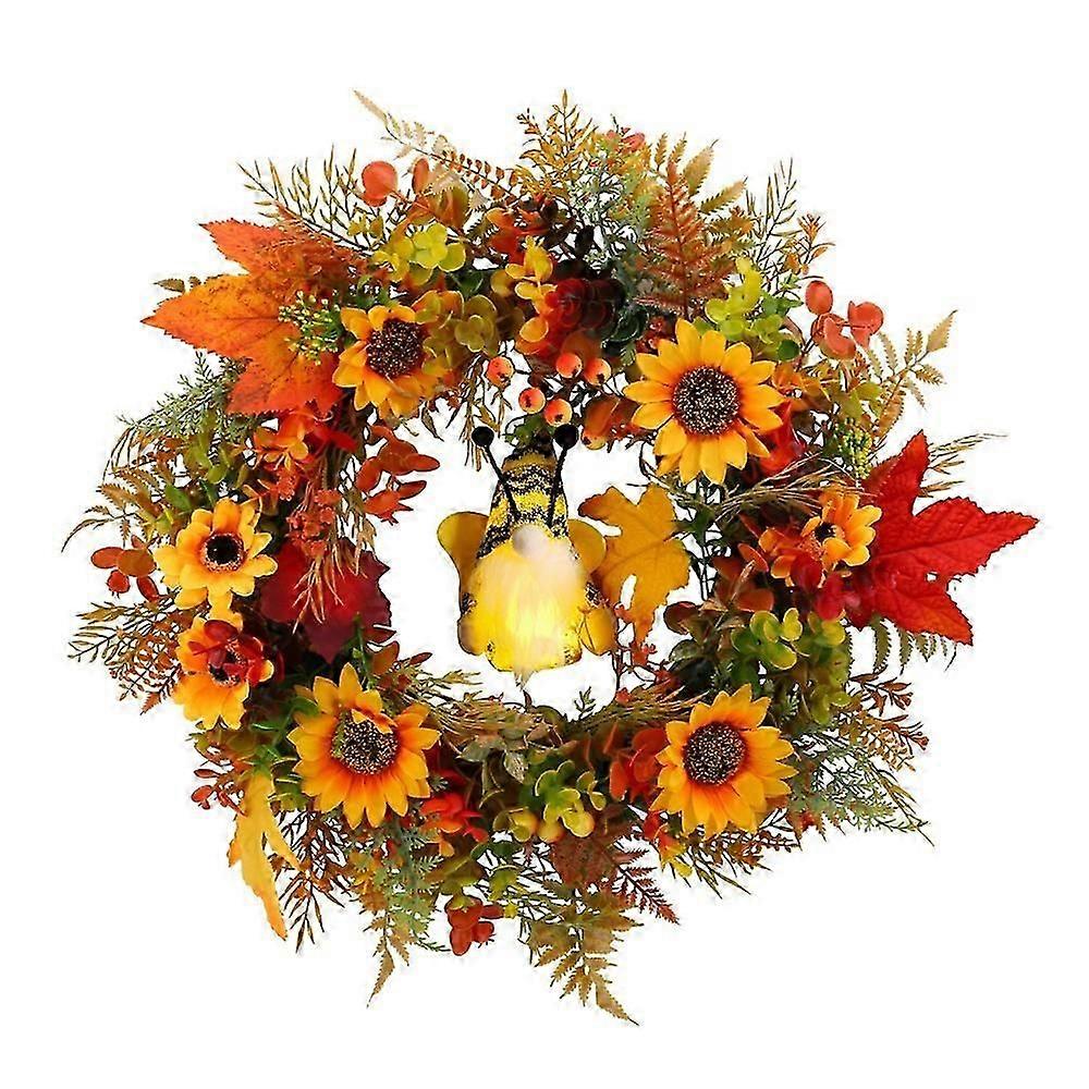 Sunflower Light Up Bee Wreath Door Hanger Fall Decor Maple Leaf Garland For Autumn Decoration