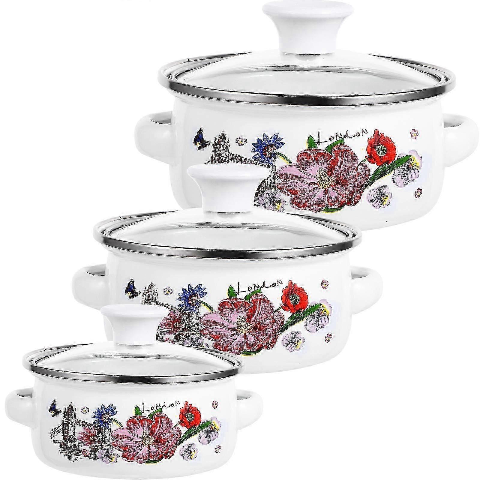 Emaille Kochbrühe Topf Blume Emaille Kochgeschirr Töpfe Doppelgriffe 3Pcs