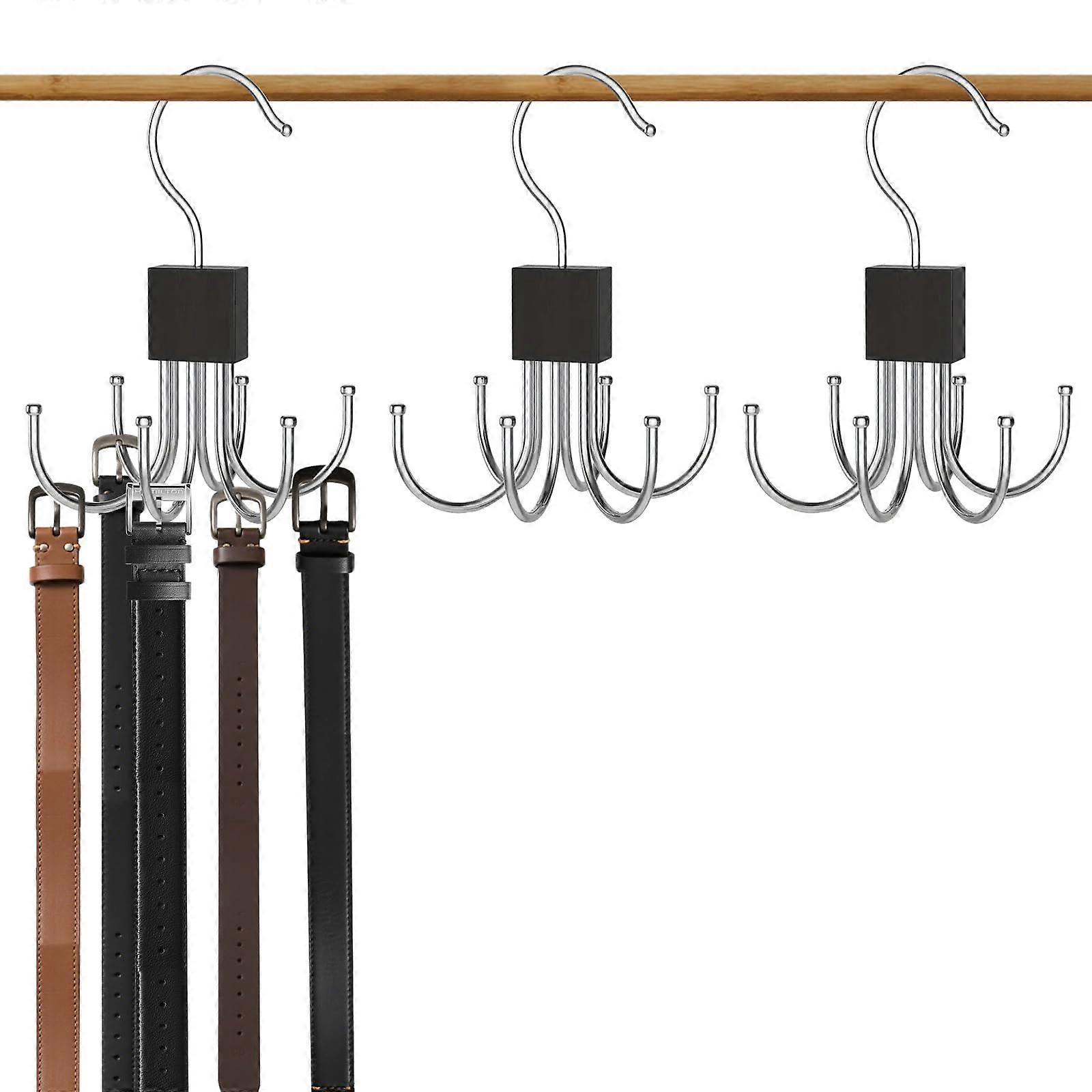 Belt Hanger For Closet And Wardrobe, 360 Degree Swivel, Rotatable Hanging Holder With Six Hooks, 3Piece Set, Black