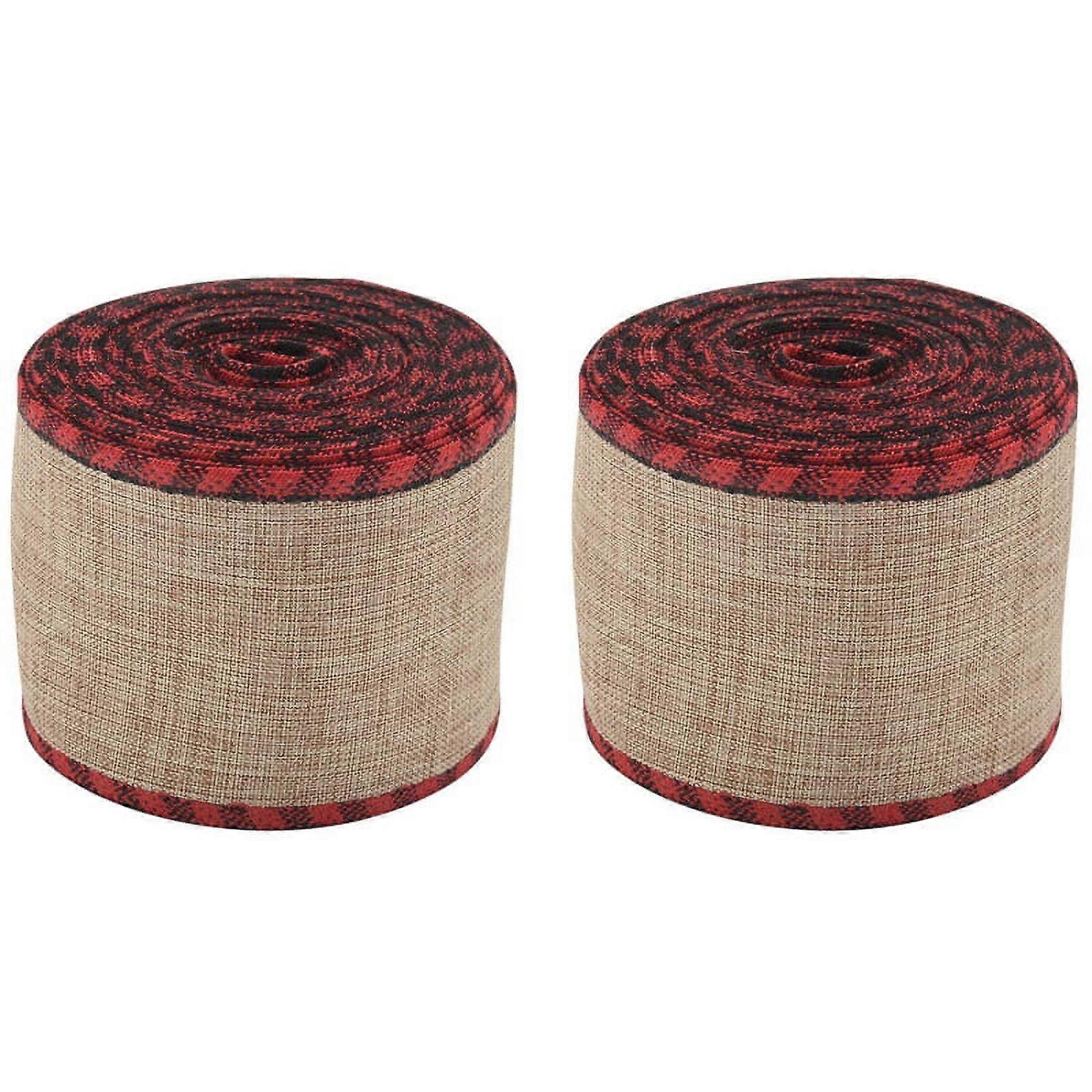 Wired Edge Ribbons Christmas Burlap Fabric Craft Ribbon Wrapping Ribbon Rolls with Checkered Edge Red