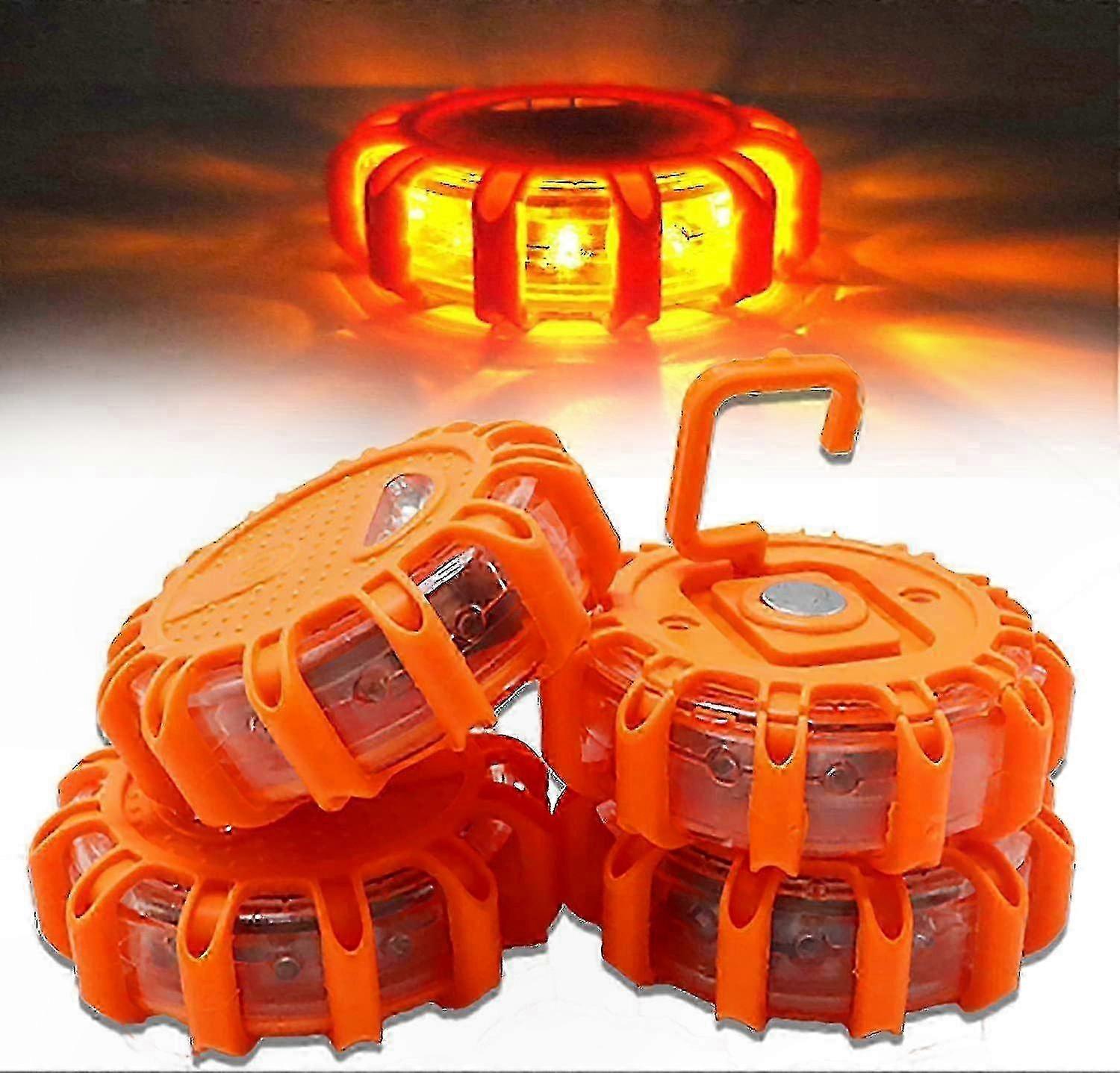 4-Piece Safety Emergency LED Beacon Light Set with Flashing Discs for Roadside Use
