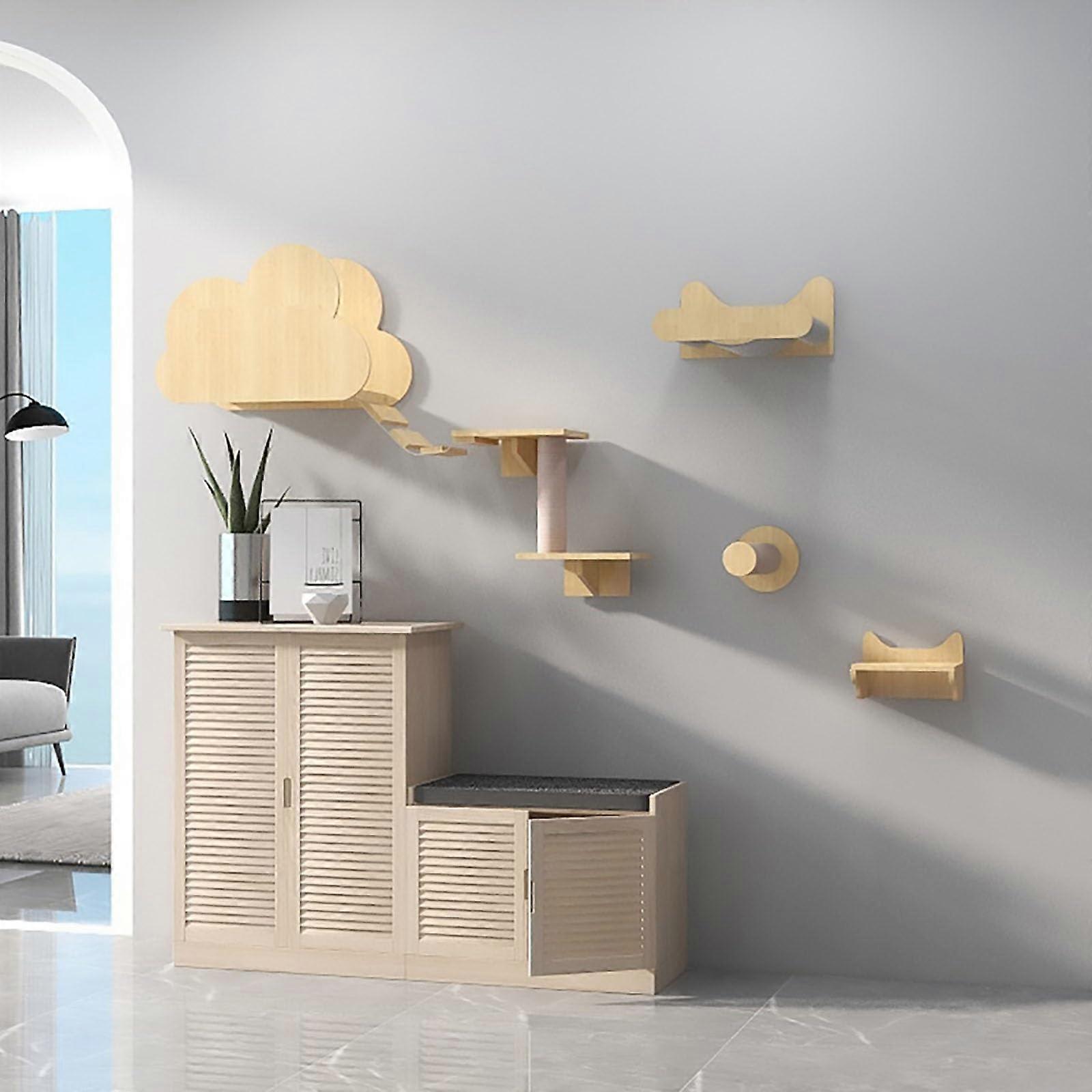 Cat Wall Furniture Natural Wood Cat Walkways For Walls With Sisal Scratching Post Set Of 5 For Sleeping Playing Climbing
