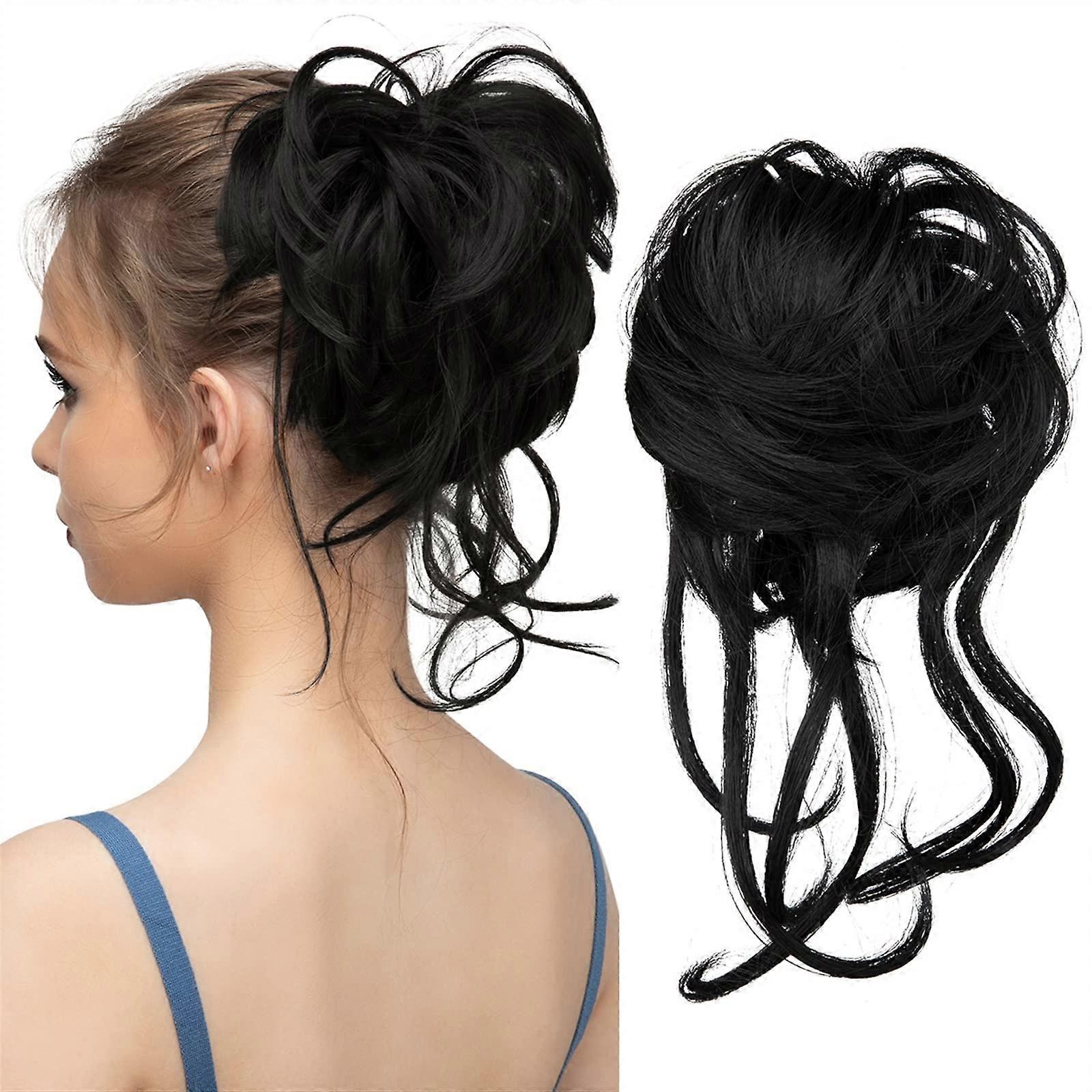 Extensions de chignon synthétiques, chignon décoiffé, postiches élastiques bouclés, chouchou donut, chignon relevé, noir de jais