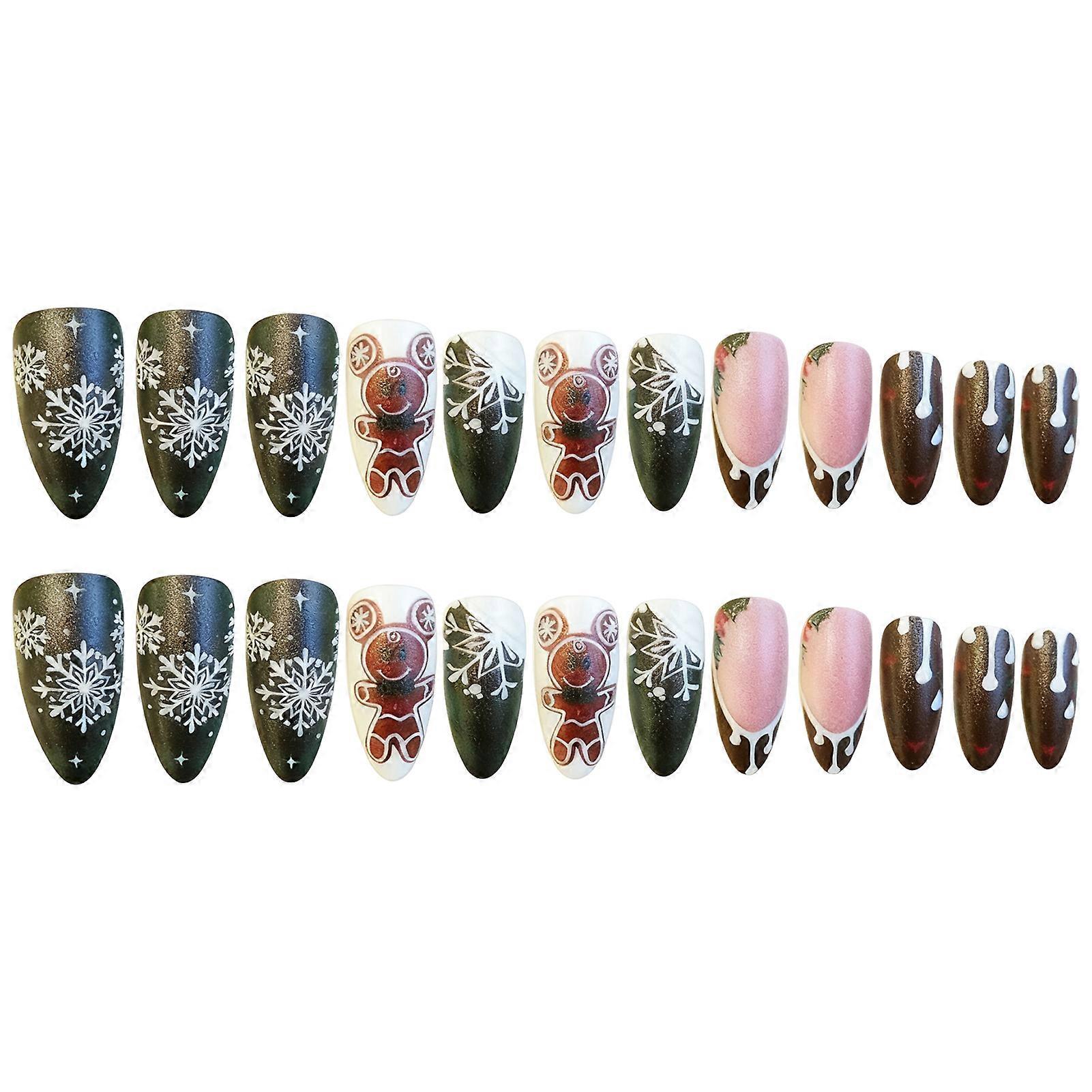 24PCS Almond Christmas False Nails with Gingerbread Snowflake Design ABS