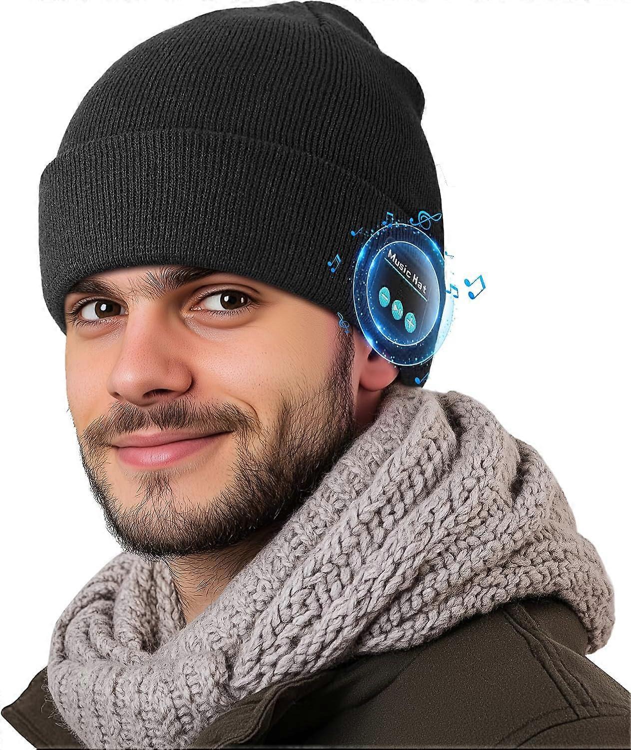 Unisex Bluetooth Beanie, USB Rechargeable Knitted Hat with Built-in Microphone and Stereo Speakers, Suitable for Winter for Family, Dad and Father Bla