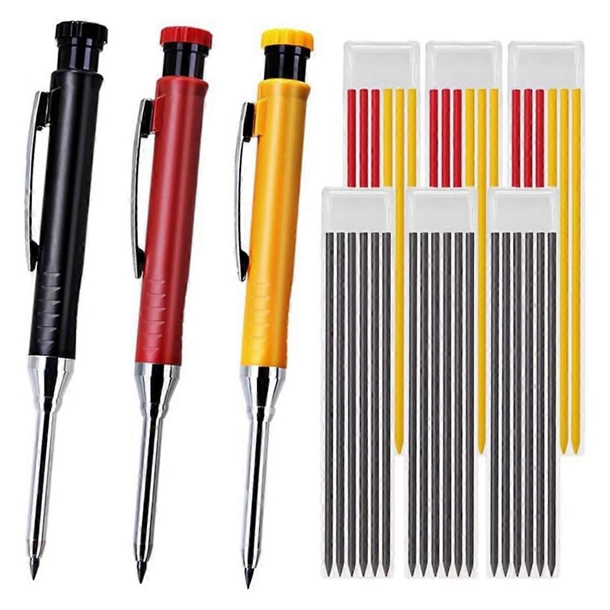 Professional 3-Pen Marking Kit - 36 Leads + Integrated Sharpeners - Deep Hole Tip, Long Nose Design