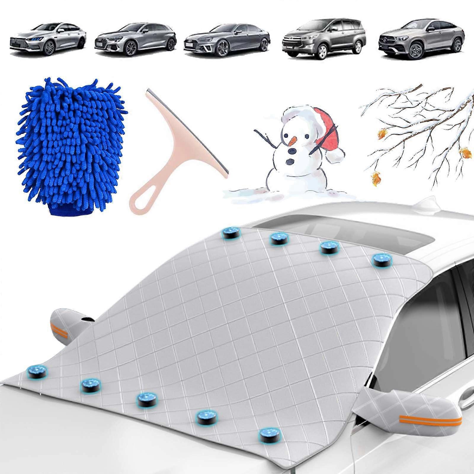 4Layer Car Windshield Snow Cover with Magnetic Attachment, AllWeather Ice Protector, Side Window and Mirror Covers, Sedan Fit Silver