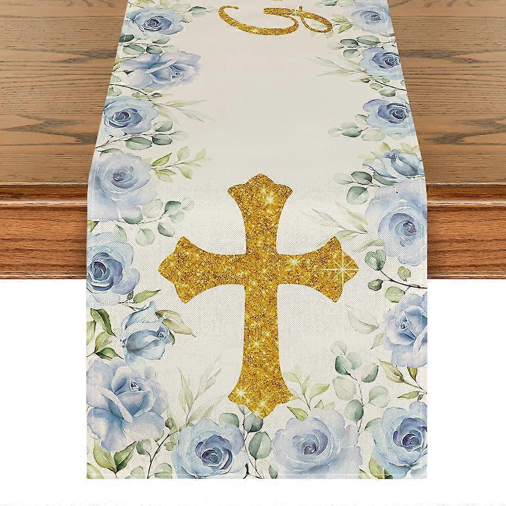 Blue Baptism Table Runner 13x72 Polyester, Christening and Communion Party Table Decoration