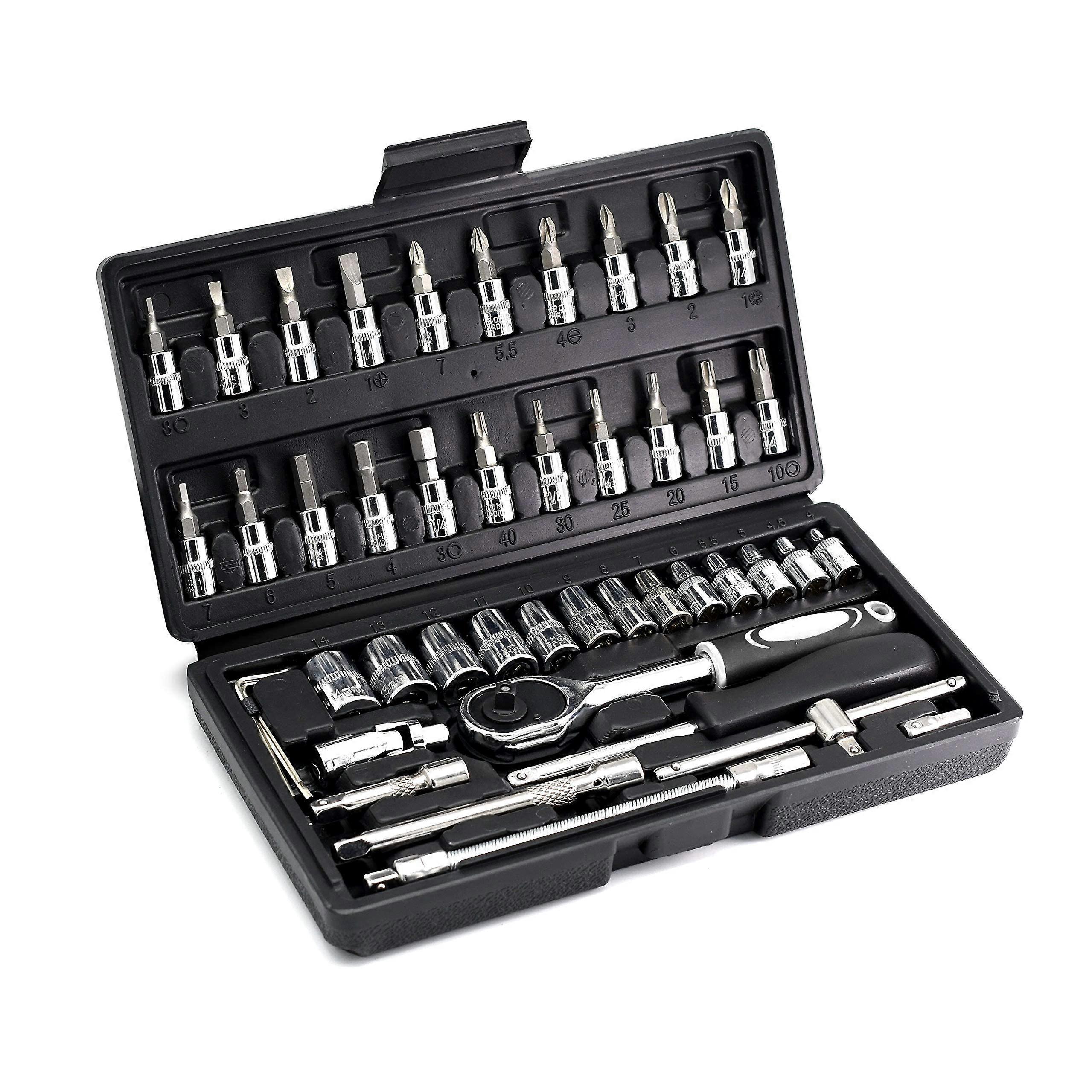 46 Piece Metric Socket Wrench Set, 1/4 Inch Drive CRV Tools with Quick Release for Auto and Home Use