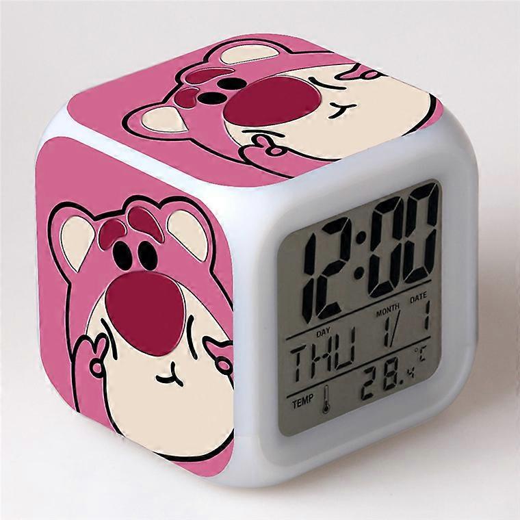 Cartoon Strawberry Bear Alarm Clock, Color Changing Seven-Color Alarm Clock, Square Clock, Student Gift