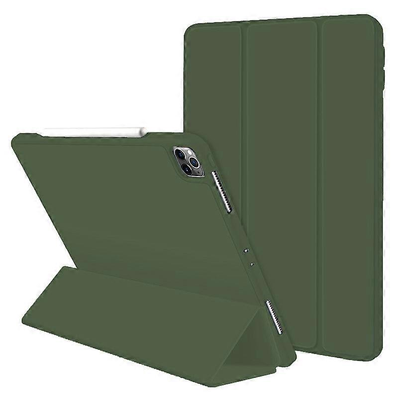Capa elegante para iPad Pro de 10,5 polegadas, verde militar, com fecho magnético e três dobras em couro.