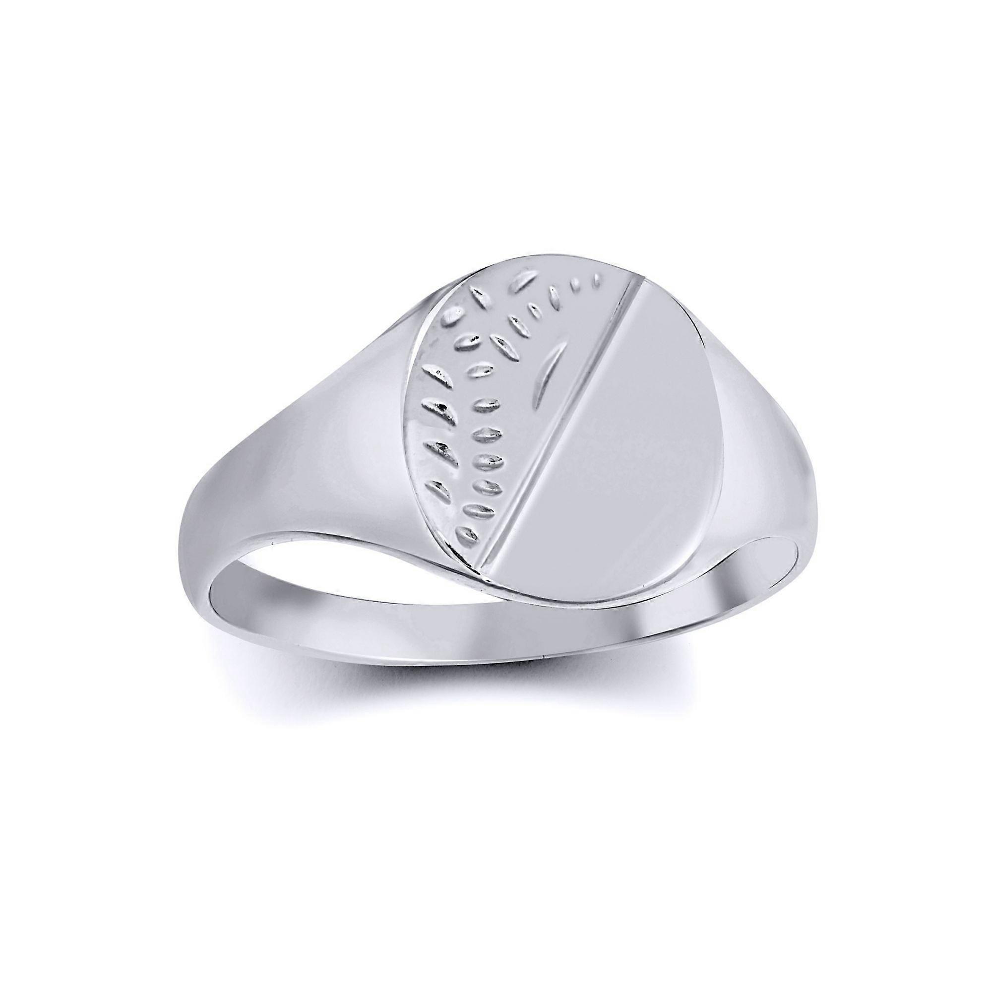 Jewelco London Solid Rhodium-plated 925 Sterling Silver Diamond Cut Round Oval Signet Ring