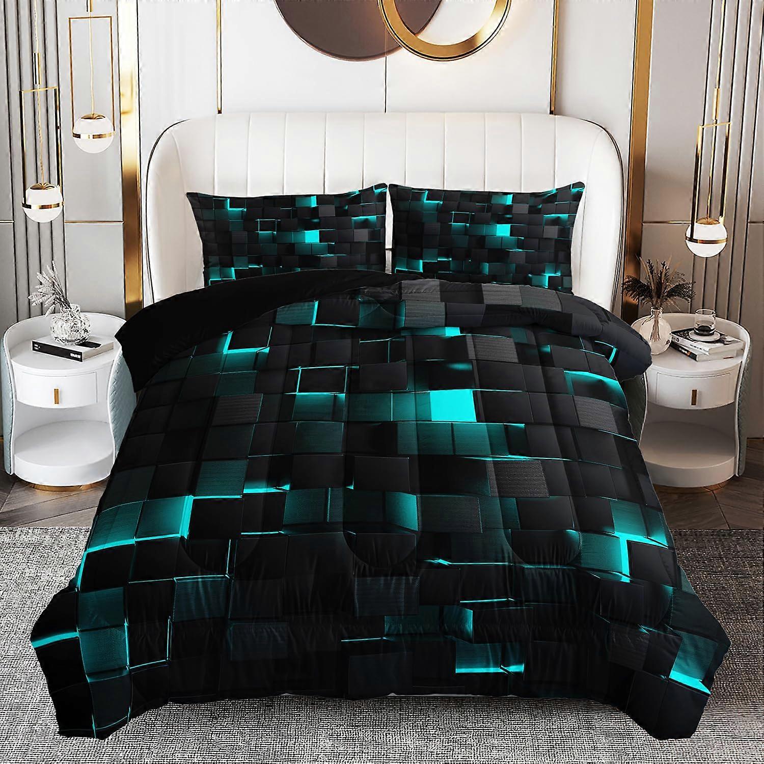 Queen Size Comforter Set with Vibrant Geometric Design, Soft Breathable Bedding, 3 Piece
