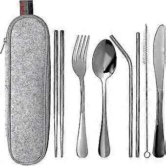 Cutlery Set,portable Stainless Steel Utensils Reusable Travel Camping Cutlery Set Knive/fork/spoon/chopsticks/straws/brush/portable Case(8 Piece)