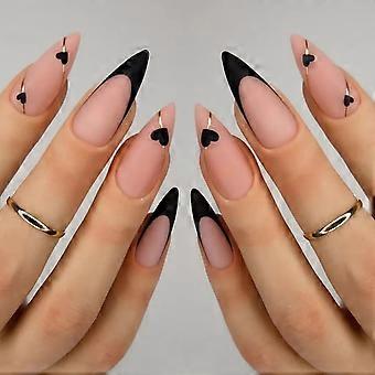 Alla hjärtans dag press-on naglar medium mandel french tip rosa matt hjärta lösnaglar för kvinnor 24 st