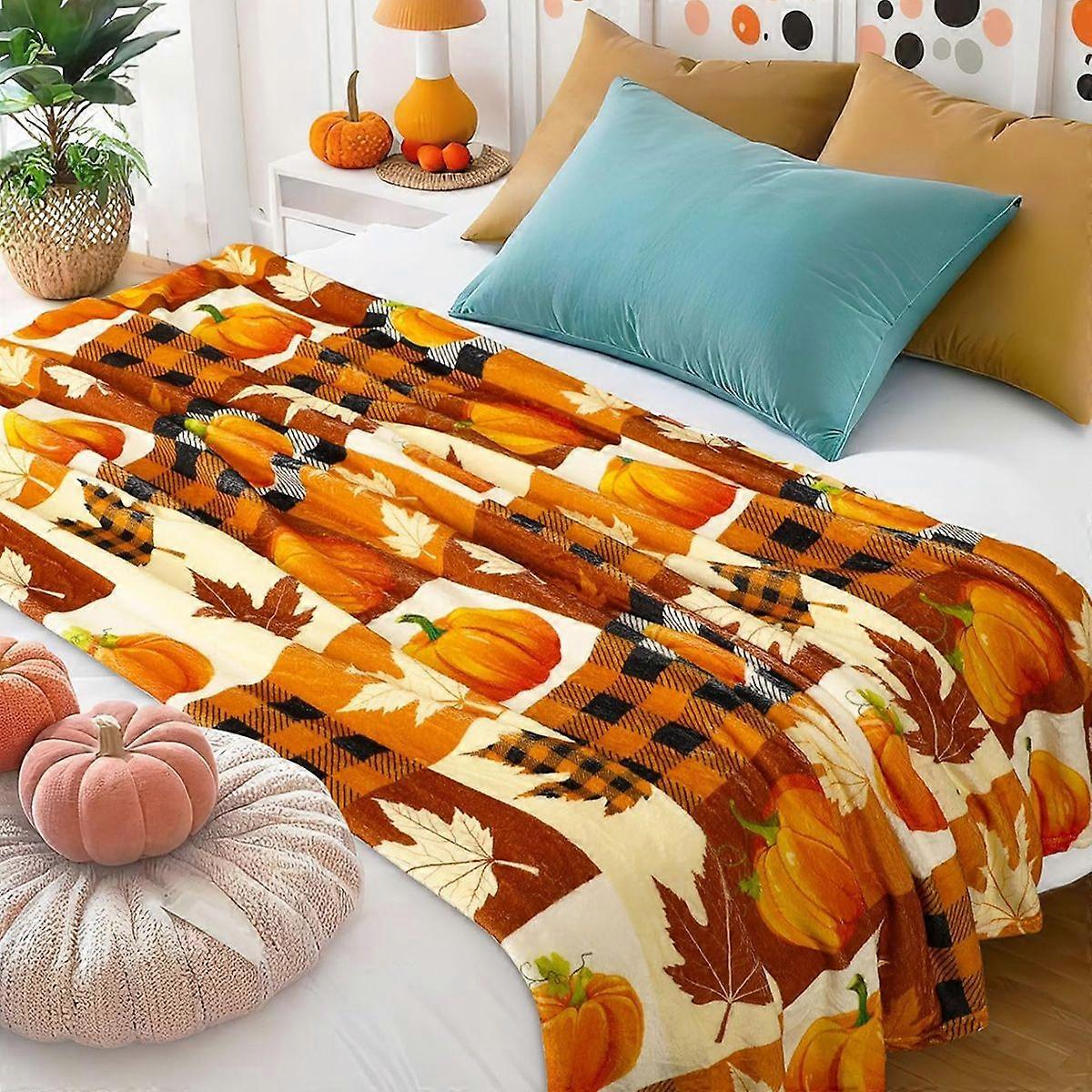 Autumn Pumpkin Maple Leaf Flannel Throw