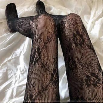 Sexy Womens Long Fishnet Stockings Pantyhose White and Black Hollowed Out Lace Mesh Pantyhose Floral Rattan Bottomed Stockings