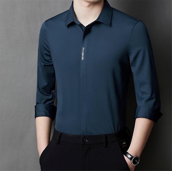 New Brand Men's Seamless Non-iron Shirt Long-sleeved Ice Silk Smooth Solid Color Shirt Business Casual Top