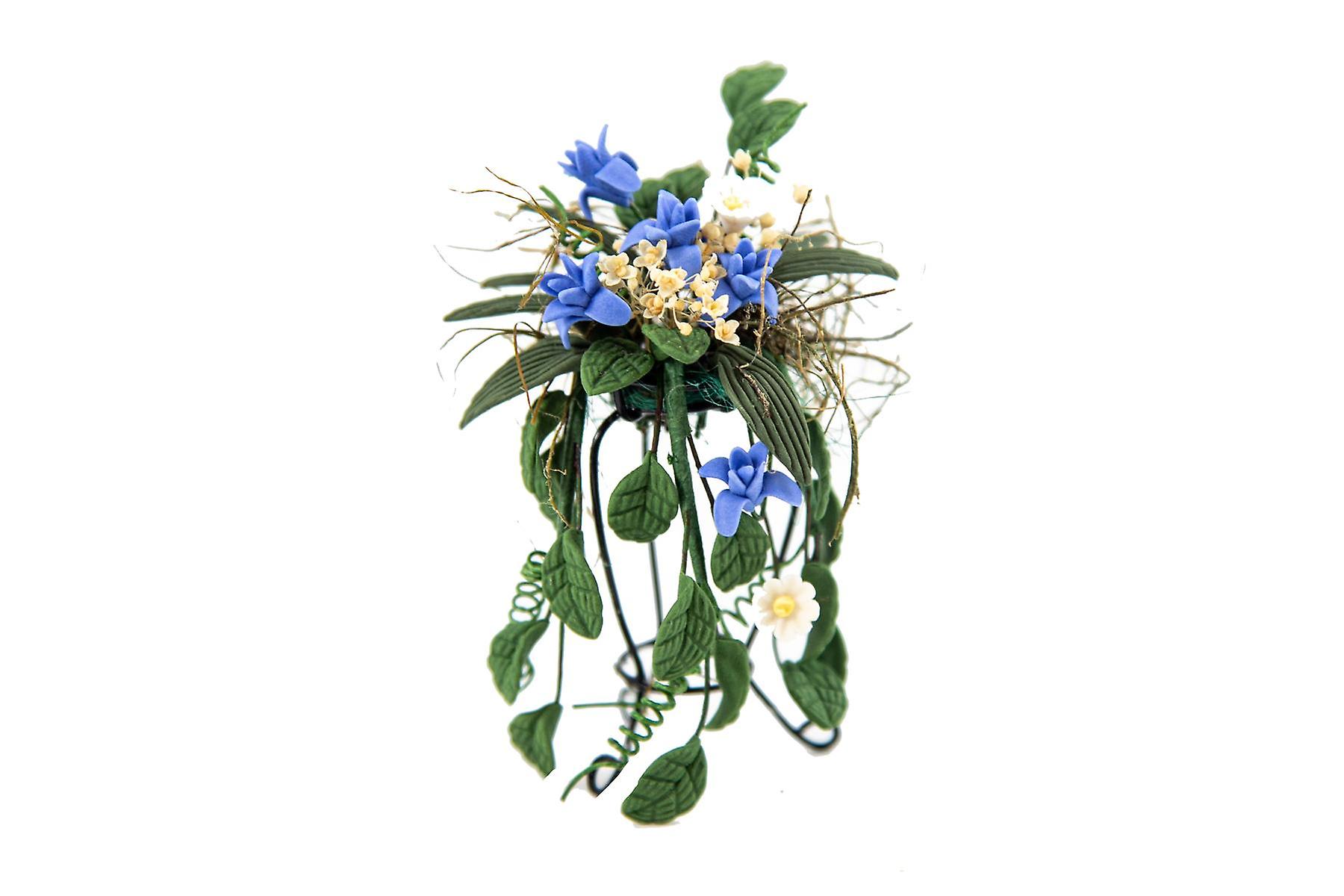 Dolls House Blue Trailing Flowers On Fancy Black Wire Stand Garden Accessory