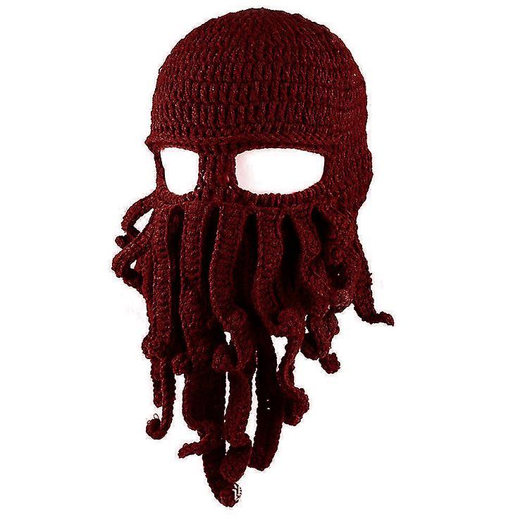 Wine Red Octopus Hat Funny Masked Handmade Crocheted Woolen Warm Hat Az9445