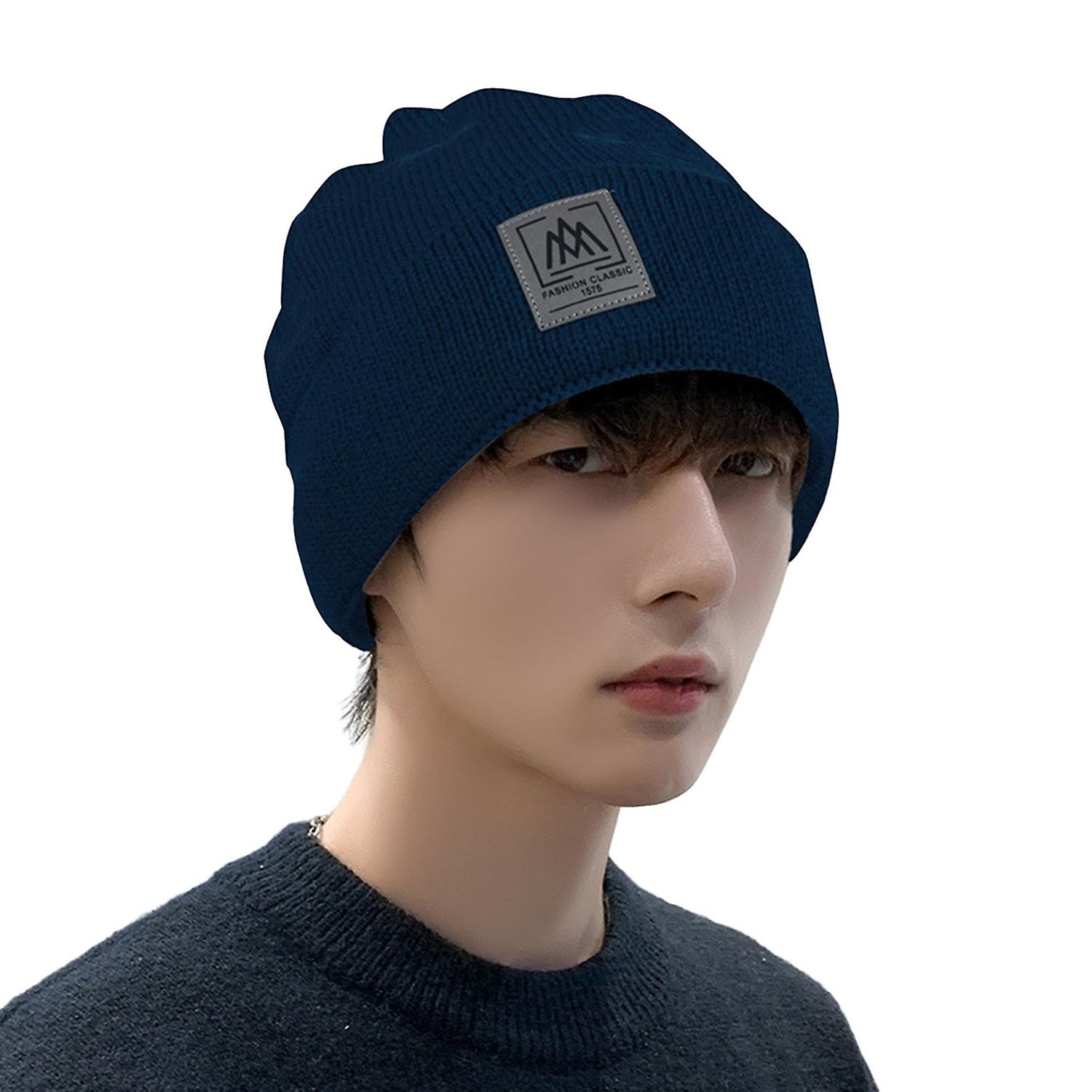 Men Hat Solid Color Labeling Brimless Stretch Coldproof Beanie Hat Autumn Winter Plush Lining Ear