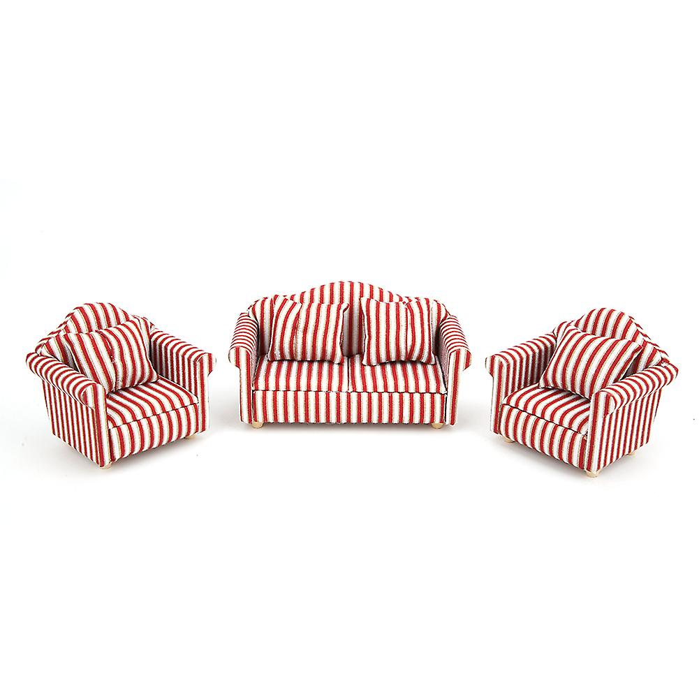 3 Pieces Orange, Red and Gold Striped Sofa Set for 1:12 Mini Dollhouse with 4 Pillows