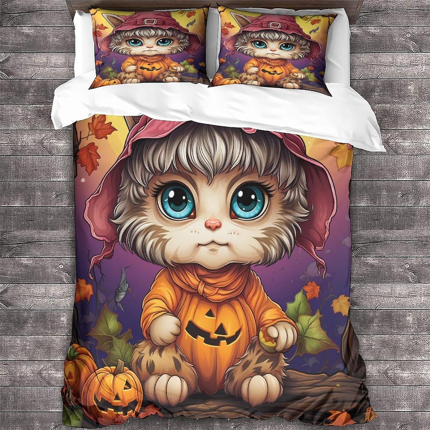 Poszwa na kołdrę i poszewki na poduszki dla kota 3D Halloween Design Wzór Lekki zestaw pościeli dla zwierząt z mikrofibry