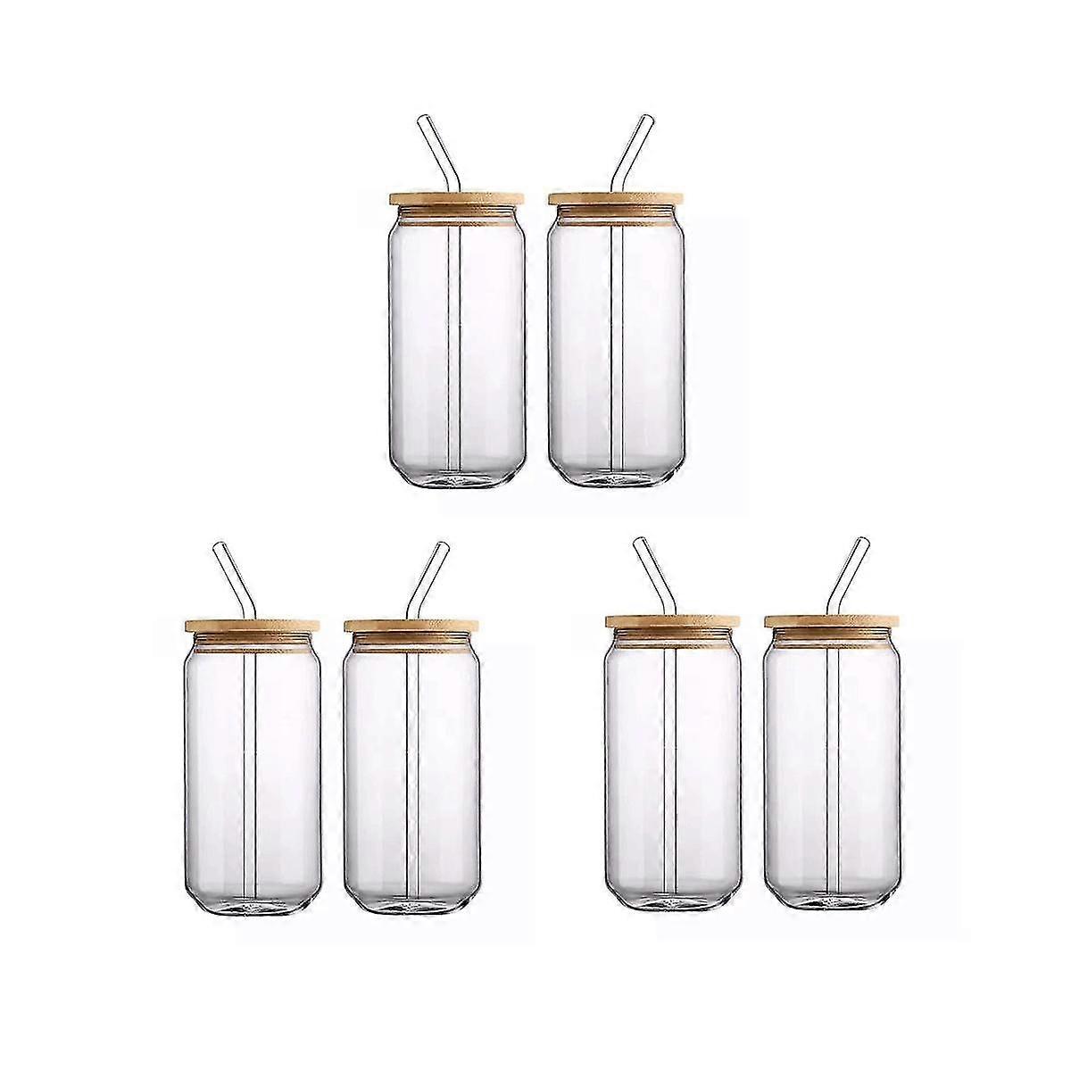 [ 6個セット ] 竹製蓋付きガラスカップとビール缶型ドリンクグラス、16オンスアイスコーヒー