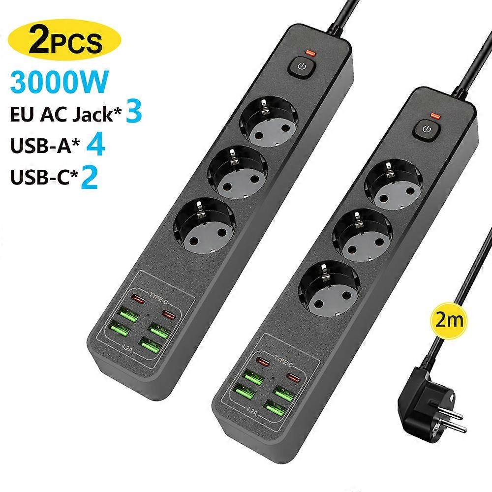 3000W EU USB Type-C Power Strip Power Strip 6 AC Power Outlets 2M Charger for Office Home