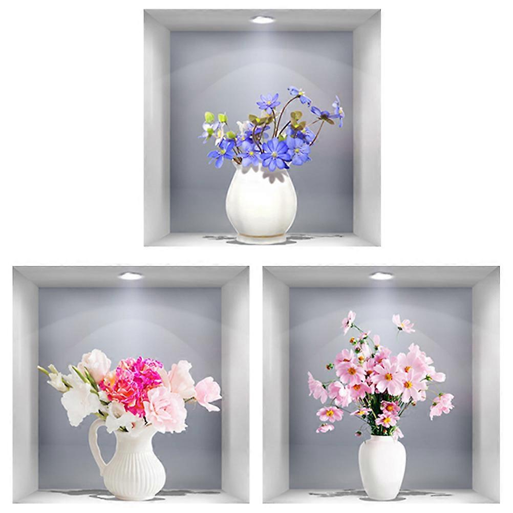 3Pcs 3D Vase Fleur Autocollant Mural Élégant Fleurs Pot Fenêtre-Vue Murale Art Décoration