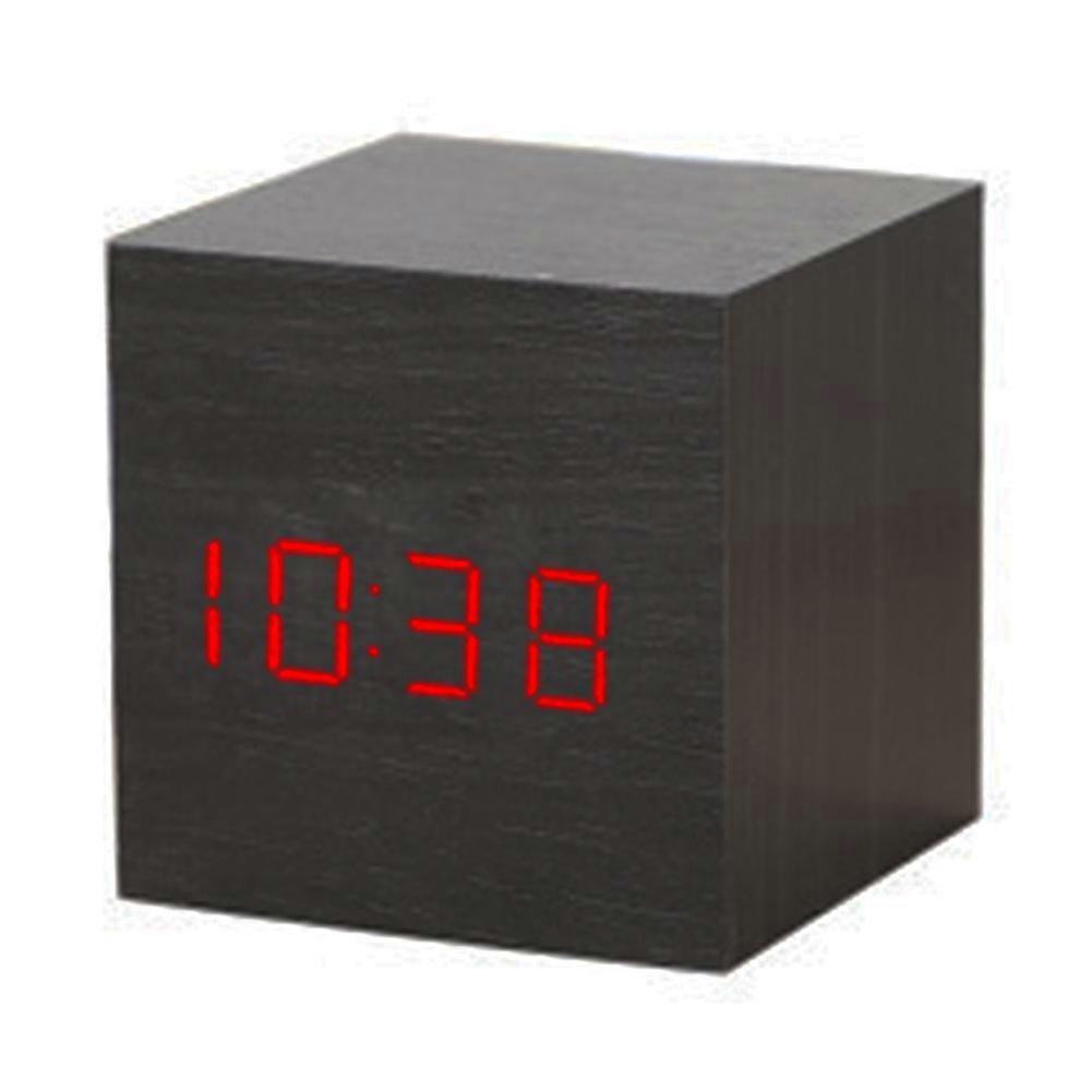 Wood LED Light Mini Modern Cube Desk Alarm Clock with Time Date Temperature Display