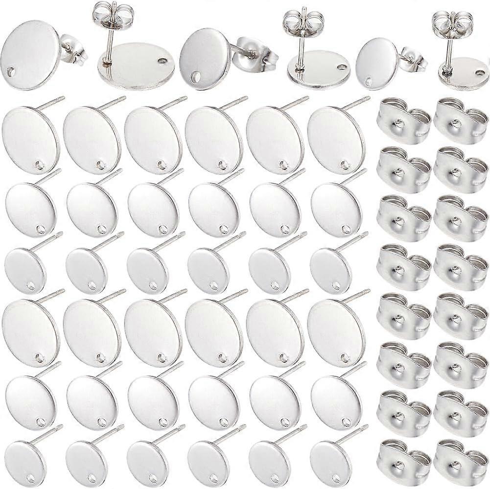 1 Box 36Pcs 3 Size Flat Round Earring Posts Silver Stud Earring Findings Hypoallergenic Stainless Steel Ear Studs with Butterfly Ear Back Blank Earrin