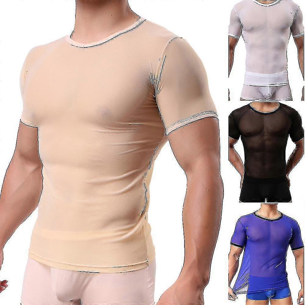 Mens Sexy Sheer Mesh See Through Short Sleeve Breathable T Shirts Undershirts