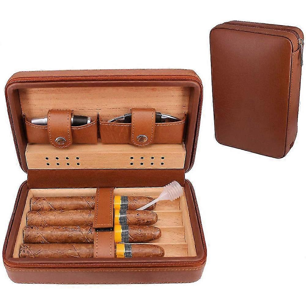Ctmw Leather Travel Cigar Humidor Case, Portable Cedar Wood With Humidifier Humidifier For 4 Cigars