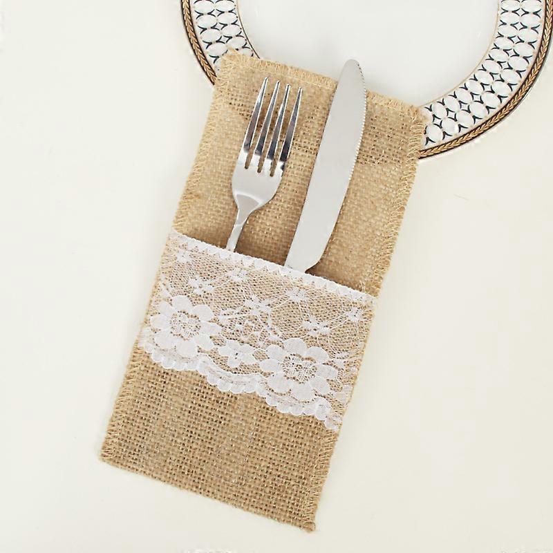 10PCS Burlap Lace Knifes Forks Napkin Bags