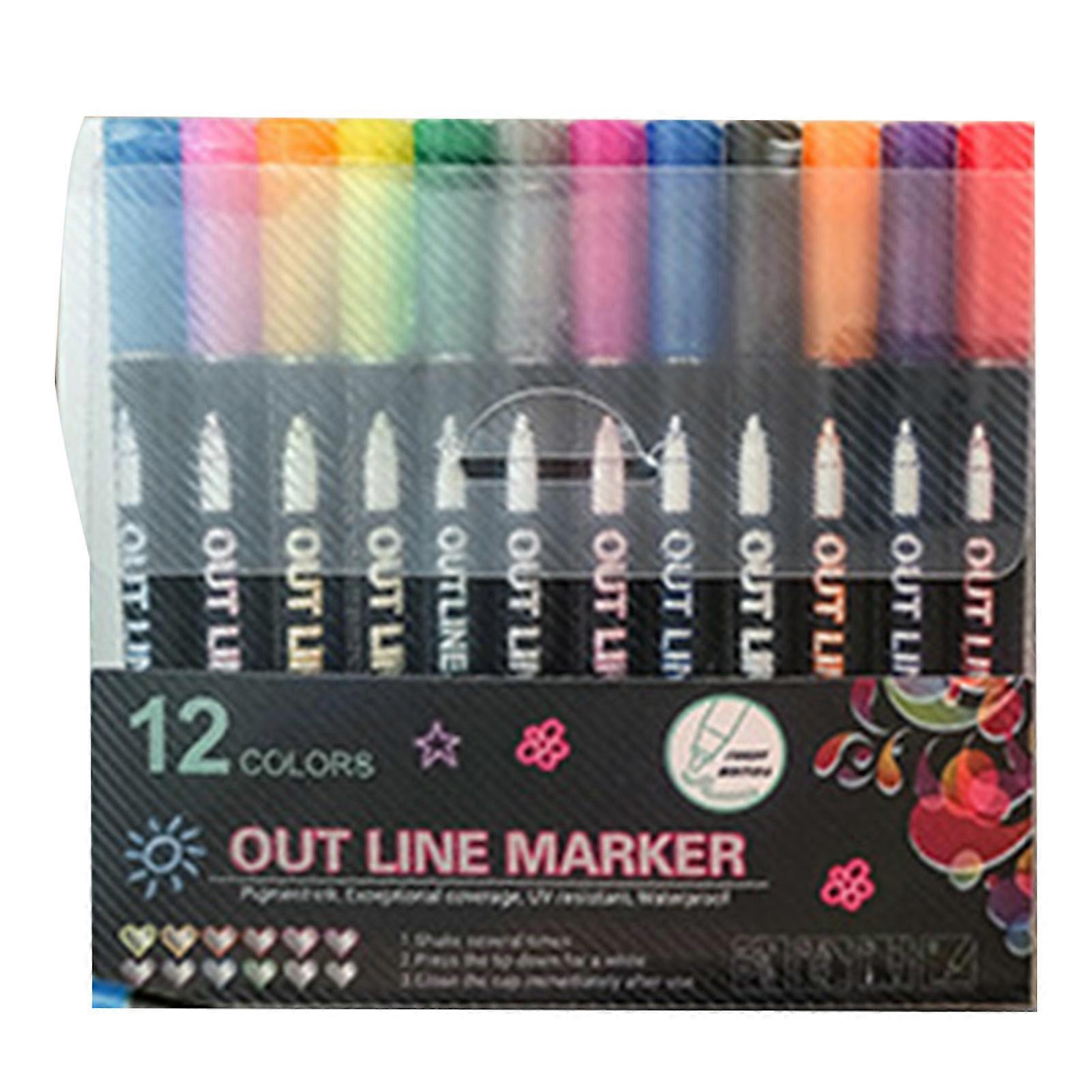 12Pcs Student Outline Highlighter Pen 12 Colors Double Line Glitter Shimmer Marker Pen Portable Hand Account Planner Pen for Note-Taking Card Making D