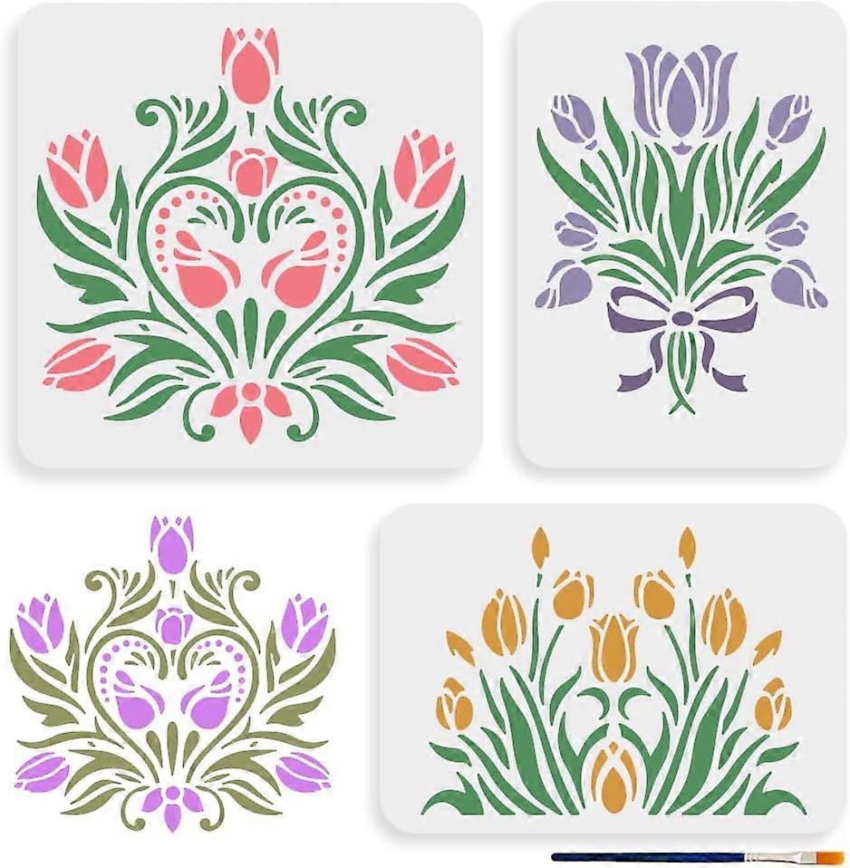3pcs Tulip Stencil 11.78.3/11.811.8inch Blooming Tulip Flowering Shrubs Drawing Template Reusable DIY Art Craft Flowers Stencil with Paint Brush for H