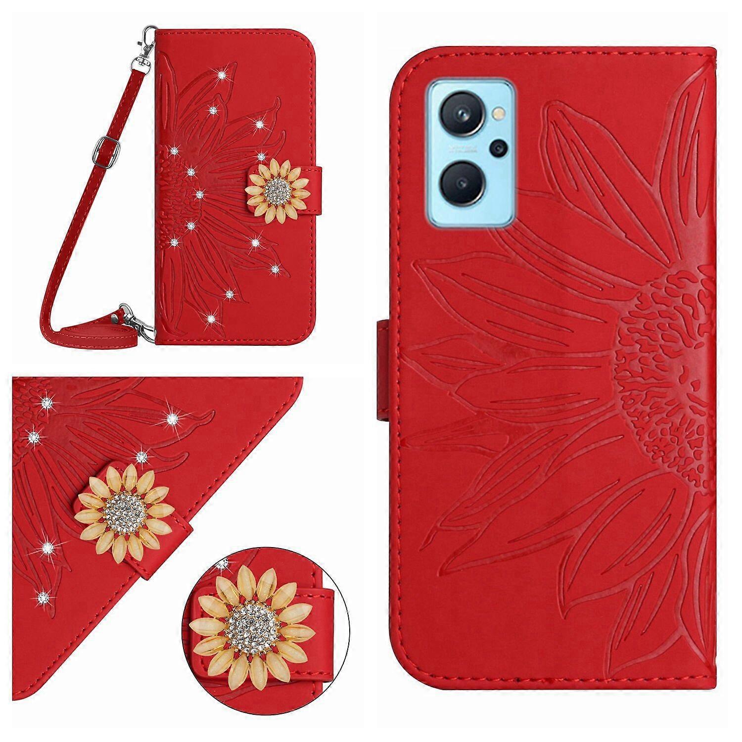 Compatível com OPPO A96 4G girassol em relevo com diamantes Magnetic Card Holder Wallet Phone Case com alça de ombro